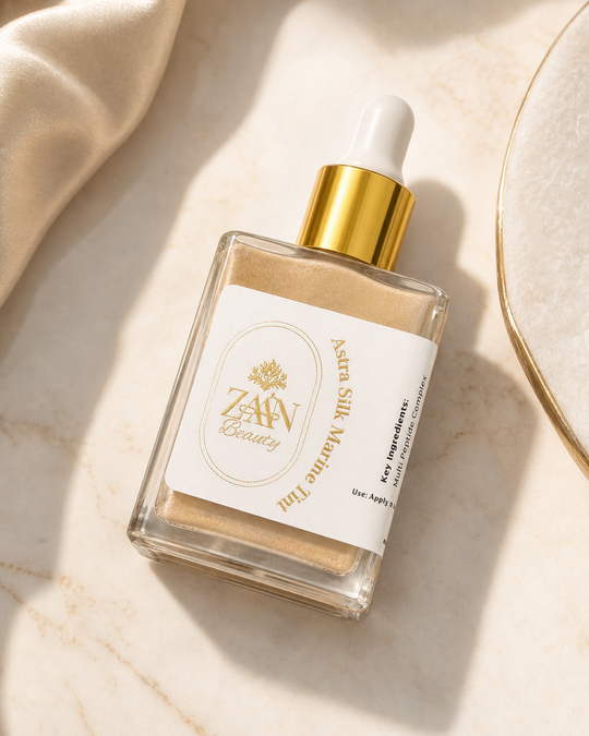 Astra Marin Tinted Serum — clear glass bottle with shimmering golden tinted formula, gold dropper top, on marble with cream silk.
