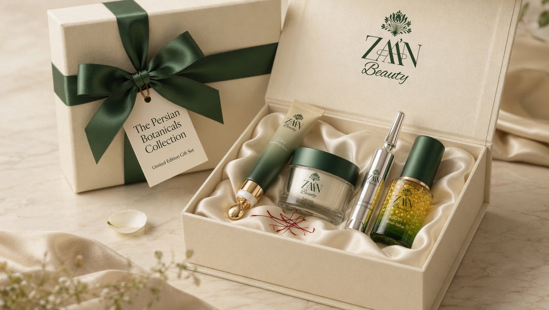The Persian Botanicals Collection — cream gift box with green ribbon and Limited Edition Gift Set tag.