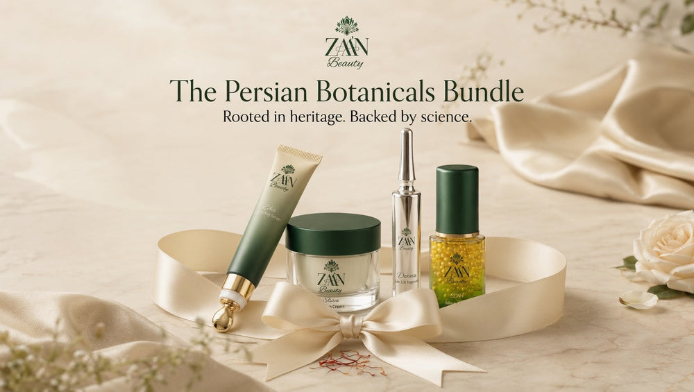 The Persian Botanicals Bundle — Rooted in heritage. Backed by science. Hero image with cream silk ribbon and saffron threads.