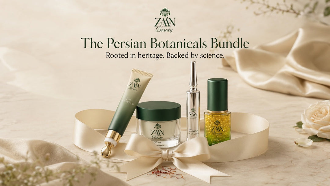 The Persian Botanicals Bundle — Rooted in heritage. Backed by science. Hero image with cream silk ribbon and saffron threads.