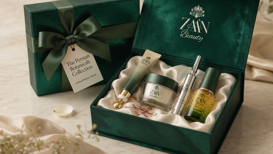 The Persian Botanicals Collection — emerald velvet gift box, open, with limited edition tag and the four products in satin lining.