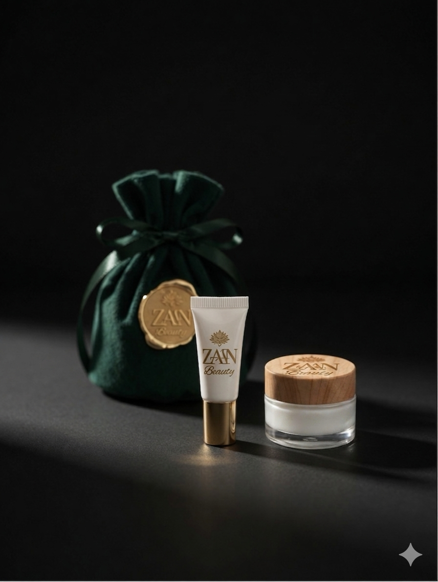 The ZAA'N Discovery Pouch — emerald velvet pouch with gold wax seal, mini tube and wood-capped jar in dramatic dark lighting.