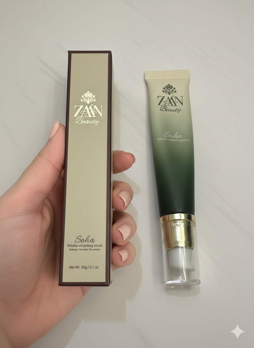 SOHA Wrinkle Smoothing Serum — 20g gold pump tube and cream box.