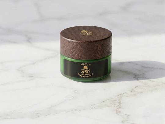 SERANIYA Renewing Lip Mask — closed green glass jar with walnut lid