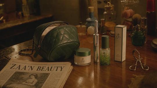The ZAA'N Discovery Pouch on a vintage vanity