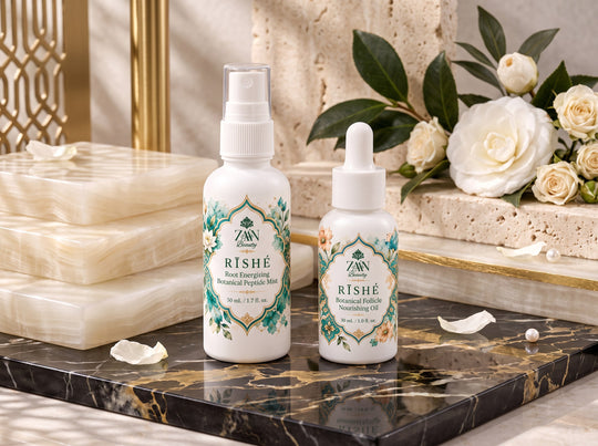 The RĪSHÉ Root Ritual Duo — Root Energizing Botanical Peptide Mist 50 mL and Botanical Nourishing Hair Oil 30 mL by ZAA'N Beauty