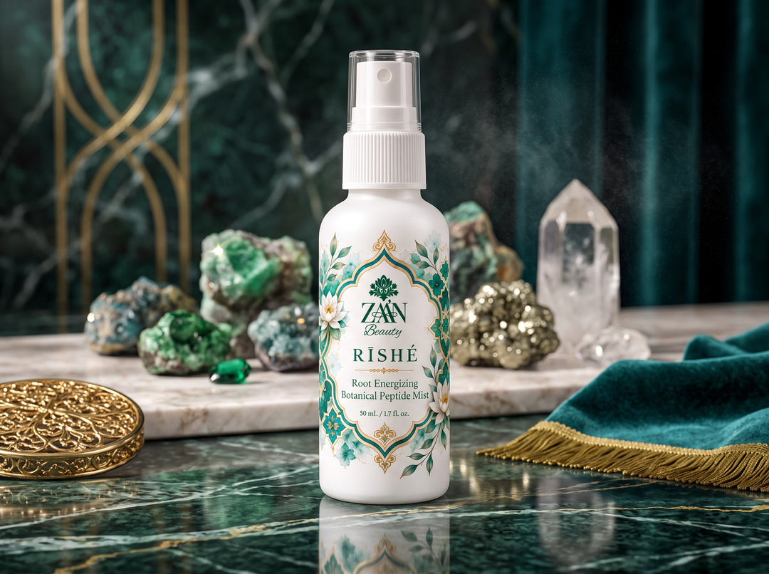 RĪSHÉ Botanical Peptide Mist on green marble