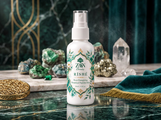 RĪSHÉ Botanical Peptide Mist on green marble