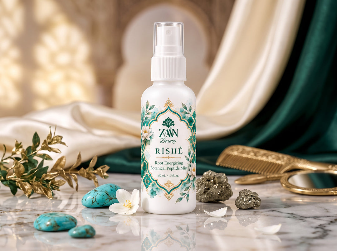 RĪSHÉ Botanical Peptide Mist with turquoise and gold comb