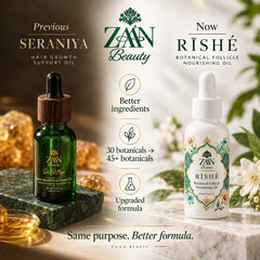 Previously SERAANIYA Hair Growth Support Oil, now RĪSHÉ Botanical Nourishing Hair Oil — same purpose, better formula