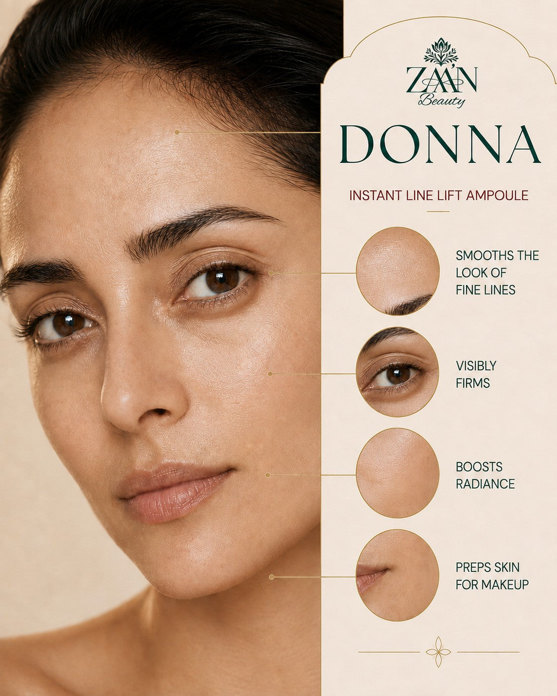 DONNA Instant Line Lift Ampoule benefits — smooths the look of fine lines, visibly firms, boosts radiance, preps skin for makeup