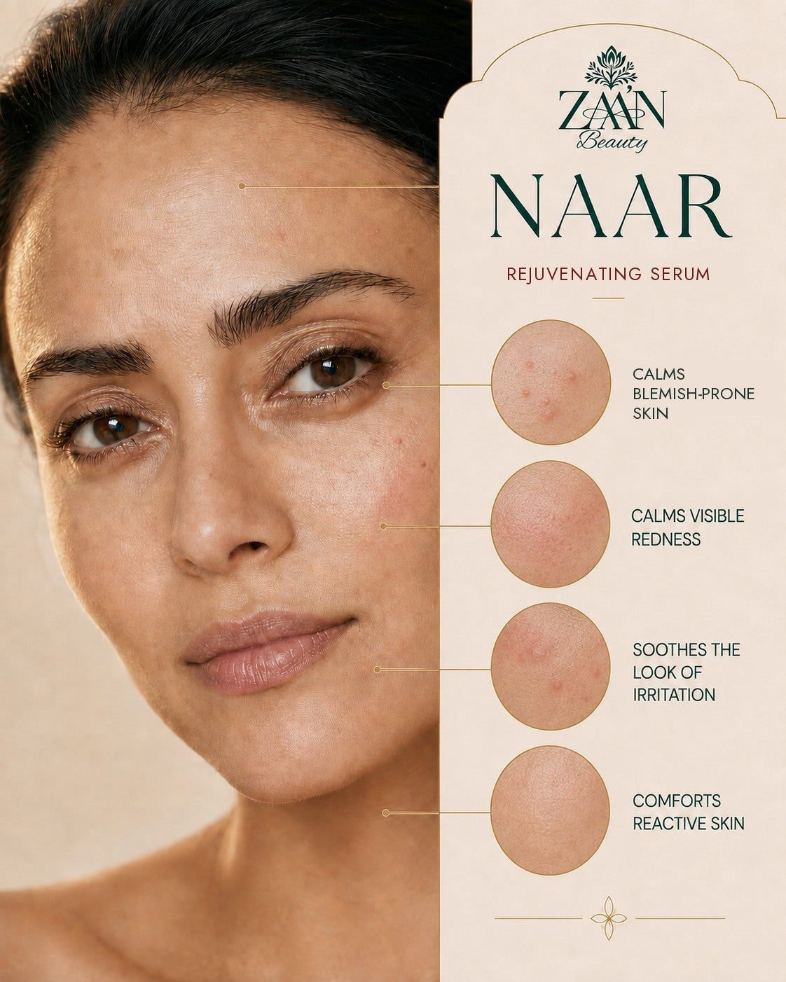 NAAR Rejuvenating Serum benefits — calms blemish-prone skin, calms visible redness, soothes the look of irritation, comforts reactive skin