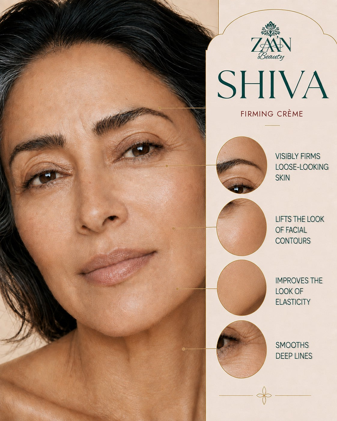 SHIVA Firming Crème benefits — visibly firms loose-looking skin, lifts the look of facial contours, improves the look of elasticity, smooths deep lines