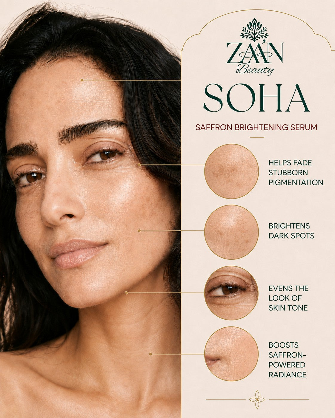 SOHA Saffron Brightening Serum benefits — helps fade stubborn pigmentation, brightens dark spots, evens the look of skin tone, boosts saffron-powered radiance