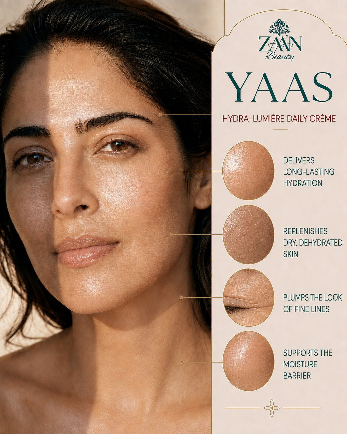YAAS Hydra-Lumière Daily Crème benefits — long-lasting hydration, replenishes dry dehydrated skin, plumps the look of fine lines, supports the moisture barrier