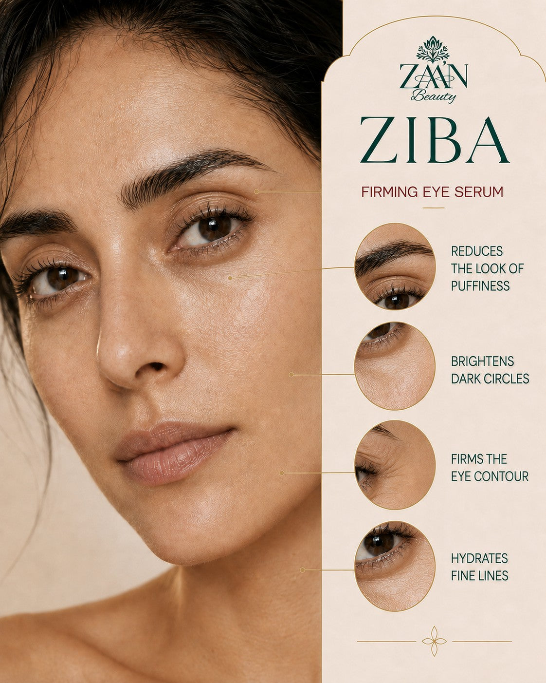ZIBA Firming Eye Serum benefits — reduces the look of puffiness, brightens dark circles, firms the eye contour, hydrates fine lines