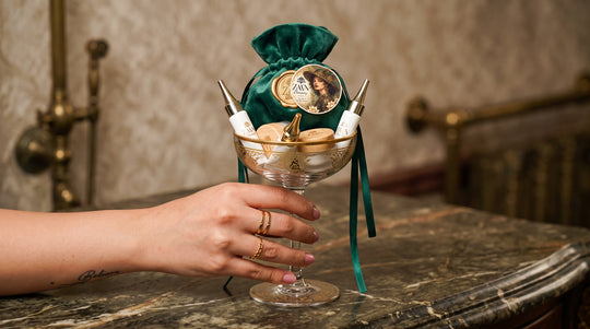 ZAA'N Discovery Pouch minis served in a gold coupe glass